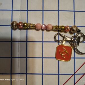 Gold and Pink Beaded Keychain